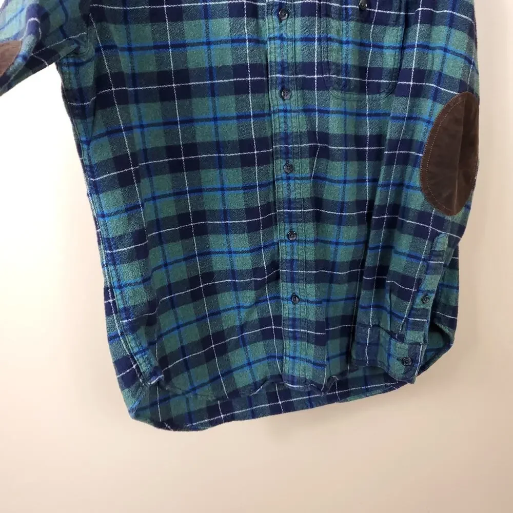 J. Crew Plaid Button-up Flannel Shirt with Leather Elbow Patches Size M